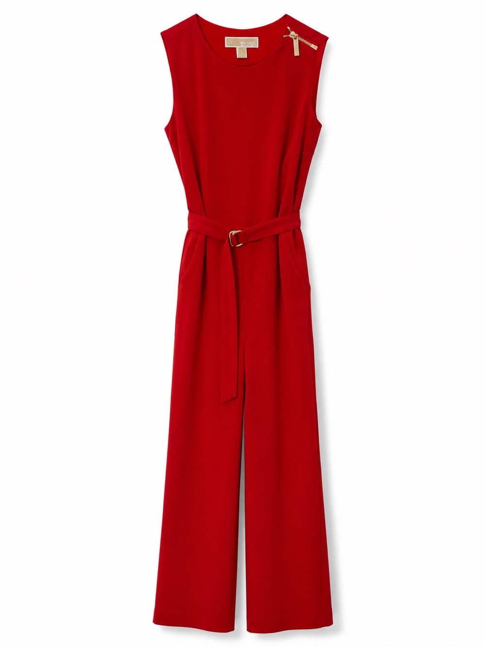Michael Kors Red Belted Wide Leg Jumpsuit Size 2 Gold Zip Sleeveless